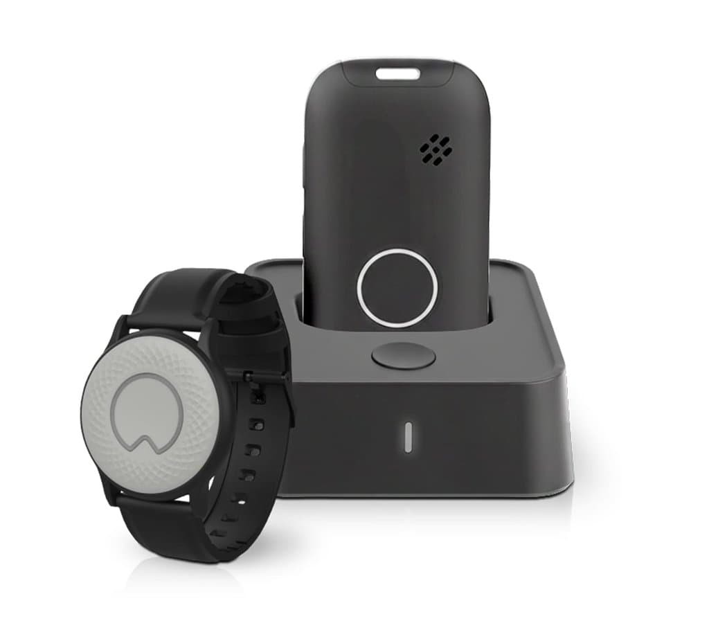 Hausnotruf-Set: Basisstation mit Ladeschale, mobiles Notrufgerät und Notrufknopf am Armband
